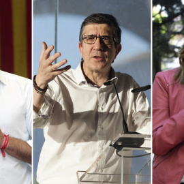 Pedro Sánchez, Patxi López y Susana Díaz, en actos de la precampaña de las primarias del PSOE. EFE