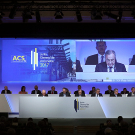 El presidente de ACS, Florentino Pérez, durante su intervención en la Junta de Accionistas de la compañía. EFE/Zipi