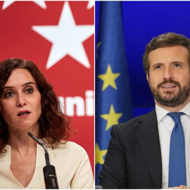 La presidenta de la Comunidad de Madrid, Isabel Díaz Ayuso y el presidente del PP, Pablo Casado, pronunciando sus respectivos discursos de balance de año.