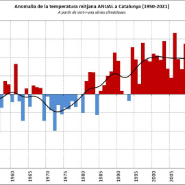 L'evolució de l'anomalia de temperatura anual a Catalunya des del 1950.