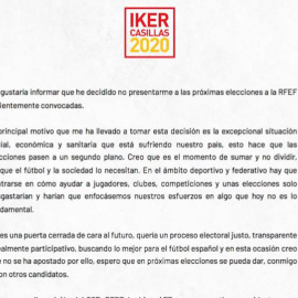 Iker Casillas renuncia a presentarse a las elecciones en la RFEF