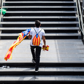Un chico dirigiéndose a la manifestación con banderas de la estelada (bandera independentista catalana) durante la manifestación convocada por la Asamblea Nacional Catalana (ANC) con el lema 'Objectiu Independència (Objetivo independencia)'
