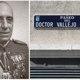 Calle en Madrid del médico franquista Vallejo-Nájera, el Mengele español, junto a una foto de época