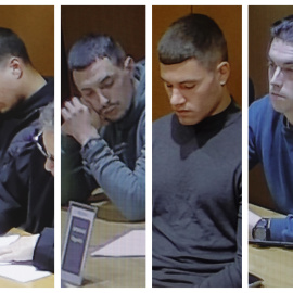 24/11/24 De izquierda a derecha, Kaio Amaral, Diego Montaña, Alejandro Freire y Alejandro Míguez, culpables del asesinato de Samuel Luiz, durante la lectura del veredicto este domingo en la Audiencia Provincial de A Coruña. en una imagen de