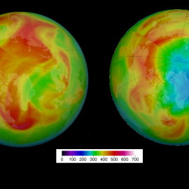 Concentración de ozono sobre el Ártico en 2019 (izquierda) y 2020 el mismo día (8 de abril), según la escala de color representada./NASA