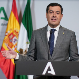 29/03/2020.- El presidente andaluz, Juanma Moreno, tras la conferencia telemática con Pedro Sánchez y el resto de presidentes autonómicos para tratar la crisis provocada por el Coronavirus, donde ha anunciado en rueda de prensa que el gobie