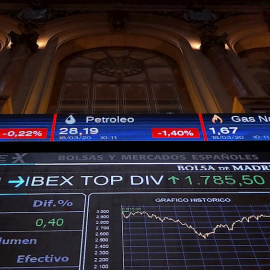 Los paneles informativos situados en el patio de negociación de la Bolsa de Madrid. EFE/ Altea Tejido