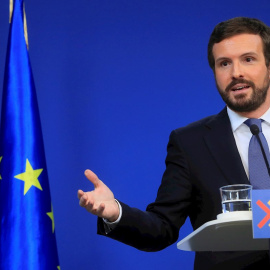 El líder del Partido Popular, Pablo Casado durante la rueda de prensa.