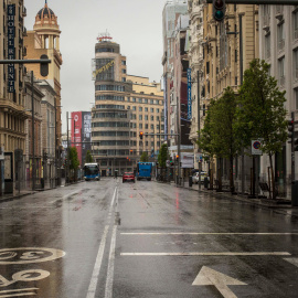 La Gran Vía de Madrid, desierta durante el estado de alarma decretado por el coronovirus, el 31 de marzo de 2020.-JAIRO VARGAS