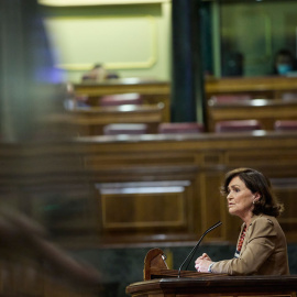 08/03/2022.- La exvicepresidenta primera del Gobierno y diputada del PSOE, Carmen Calvo, durante su intervención para defender la propuesta sobre abusos en la Iglesia. Jesús Hellín / Europa Press