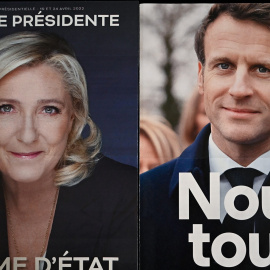 Carteles electorales de las elecciones presidenciales francesas con Emmanuel Macron y Marine Le Pen (20/4/22)