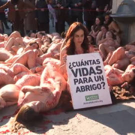 Activistas protestan desnudos en Barcelona contra el uso de pieles naturales