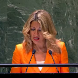 Yolanda Díaz pronuncia un discurso ante el plenario de la ONU mostrando su apoyo al modelo de economía social