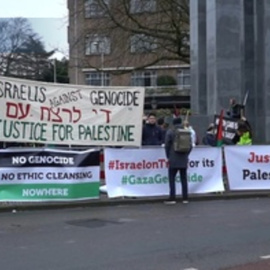Concentración de protesta propalestina ante la Corte Internacional de Justicia en La Haya