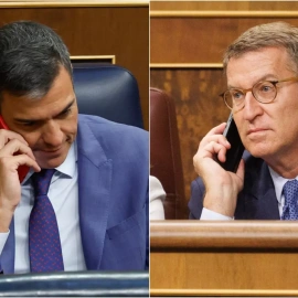 El presidente del Gobierno en funciones, Pedro Sánchez, y el líder del PP, Alberto Núñez-Feijóo, en sus escaños durante la sesión de constitución del Congreso de los Diputados.
