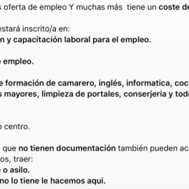 Anuncio que circula por Whatsapp en el que se piden 30 euros por optar a un puesto de trabajo.