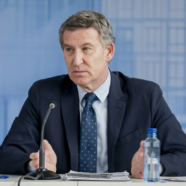 El presidente del PP, Alberto Núñez Feijóo, durante la presentación del plan de vivienda del PP.