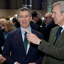 El presidente del PP, Alberto Núñez Feijóo, y su sucesor en la Xunta, Alfonso Rueda, el pasado 25 de enero en la Feria de Turismo de Madrid.