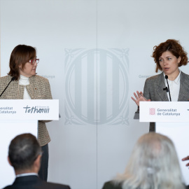 La consellera de Territori i portaveu del Govern, Silvia Paneque, i la secretària general d'ERC, Elisenda Alamany, durant la roda de premsa d'aquest dilluns