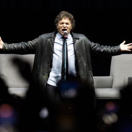 El presidente argentino, Javier Milei, durante la presentación de su libro ‘Capitalismo, socialismo y la trampa neoclásica’, en Buenos Aires (Argentina).
