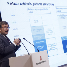 El conseller de Política Lingüística, Francesc Xavier Vila, durante la rueda de prensa en la que ha informado sobre el uso habitual del catalán, a 19 de febrero de 2025.