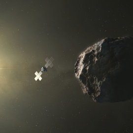 Ilustración de un satélite junto a un asteroide.