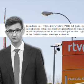 José Pablo López, presidente de RTVE. Al fondo, la sede de la corporación en Prado del Rey, Madrid.