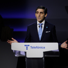 El entonces presidente de Telefónica, José María Álvarez-Pallete López, interviene durante la junta de accionistas de la operadora en 2023,