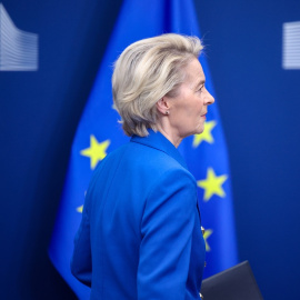 Ursula Von der Leyen tras acabar su intervención en Bruselas.