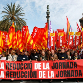 La manifestació de CCOO i UGT d'aquest dimarts a Barcelona per reclamar la reducció de la jornada laboral.