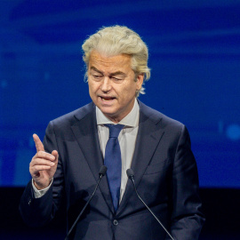 Geert Wilders, líder del partido ultraderechista PVV que encabeza la coalición de Gobierno en Países Bajos, durante la cumbre ‘Patriots’ de partidos ultras europeos organizada por Vox en Madrid.