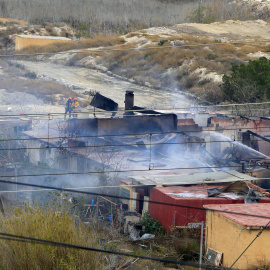 Varios bomberos realizan labores de extinción en la empresa pirotécnica de la partida de Fontcalent, (Alacant).