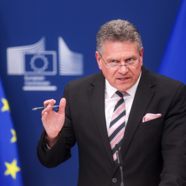 Maros Sefcovic, comisario de Comercio de la UE, ofrece una rueda de prensa este lunes, 10 de marzo de 2025, en Bruselas.