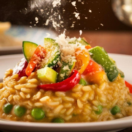 Imagen de un plato de risotto con verduras.