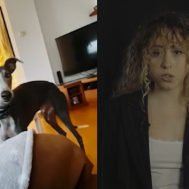 El perro Marlos en el domicilio de la familia de la 'influencer' Miare y la misma Miare.