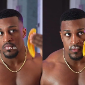 Un señor ciclado se restriega un plátano por el jepeto como parte de su 'rutina matutina' para alcanzar el éxito en la vida.