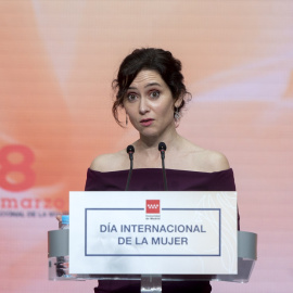 La presidenta de la Comunidad de Madrid, Isabel Díaz Ayuso, durante el acto de entrega de los Reconocimientos 8 de Marzo, en la Real Casa de Correos, a 7 de marzo de 2025, en Madrid (España).