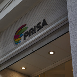El logo de Grupo Prisa en su domicilio Social, en la Gran Vía madrileña.