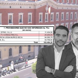 Javier Negre, presidente de 'EDA TV', y Santiago Abascal, líder de Vox, ante una imagen de la sede del Tribunal de Cuentas.