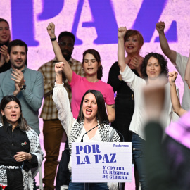 La eurodiputada de Podemos Irene Montero, durante su intervención este domingo en el acto "Por la paz y contra el régimen de guerra" organizado por la formación morada en Madrid.