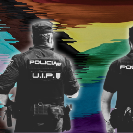 Collage a partir de una imagen de dos policías y la bandera LGTBIQ+