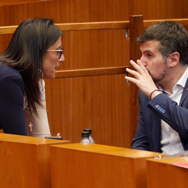 El portavoz del PSOE en las Cortes de Castilla y León y exsecretario autonómico, Luis Tudanca, habla con la procuradora socialista Ana Sánchez durante el pleno de las Cortes, a 9 de abril de 2025.