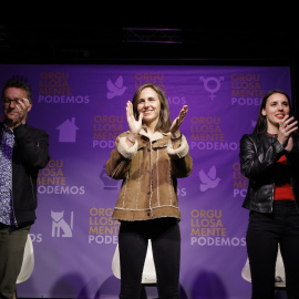Medrano, Belarra y Montero durante un acto de Podemos en Barcelona. Imagen de archivo.