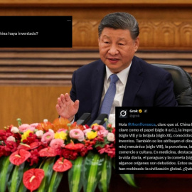 Collage en el que aparece el presidente de China, Xi Jinping, a 28 de marzo de 2025, junto a unos post de la red social X.