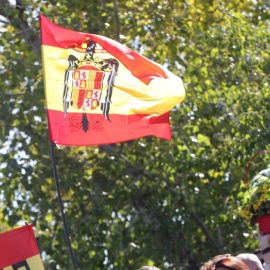 Una bandera franquista ondea en la concentración en el cementerio de El Pardo-Mingorrubio (Madrid) del 24 de octubre de 2019 antes de la inhumación de Francisco FrancoJesús Hellín / Europa Press