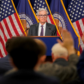 El presidente de la Reserva Federal, Jerome Powell, en su última rueda de prensa tras la reunión del banco central estadounidense en la que mantuvo sin cambios los tipos de interés.