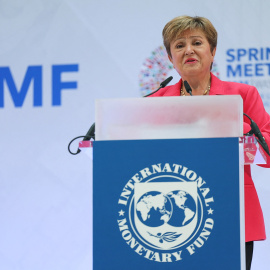 La directora gerente del FMI, Kristalina Georgieva, en una comparecencia ante los medios en la sede del organismo internacional, en Washington.