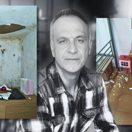 Antonio, en su piso, con imágenes de los desperfectos y las humedades que afectan a su habitación.