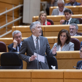 El ministro del Interior, Fernando Grande-Marlaska, interviene durante una sesión de control en el Senado, a 8 de abril de 2025, en Madrid