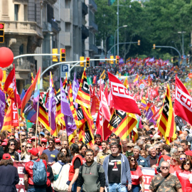 Manifestació de CCOO i UGT el Primer de Maig de 2024 a la Via Laietana de Barcelona